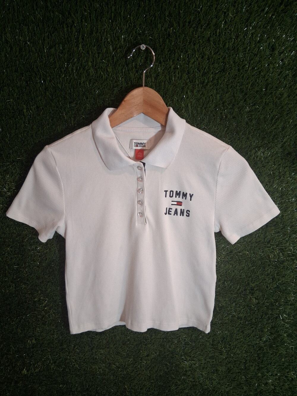 Tommy Jeans Women's Ribbed Polo Crop Top Shirt White XS V-Neck Short Sleeve